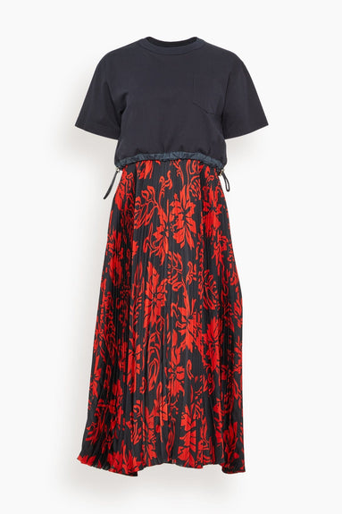 Sacai Casual Dresses Floral Print Cotton Jersey Dress in Navy x Red