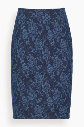 Lace Print Denim Skirt in Washed Dark Blue