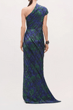 Brandon Maxwell The Karina One Shoulder Pleated Dress in Blue Floral