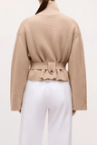 Brandon Maxwell The Neal Zip Front Sweater with Tie Belt in Camel