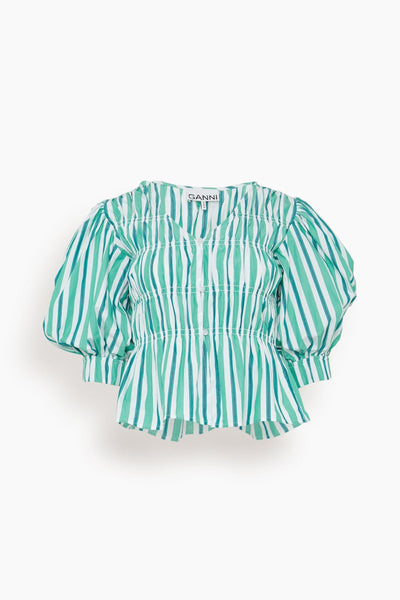 Stripe Cotton V-Neck Fitted Blouse in Creme de Menthe