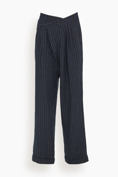 Triple Pleat Crossover Trouser in Dark Navy Stripe