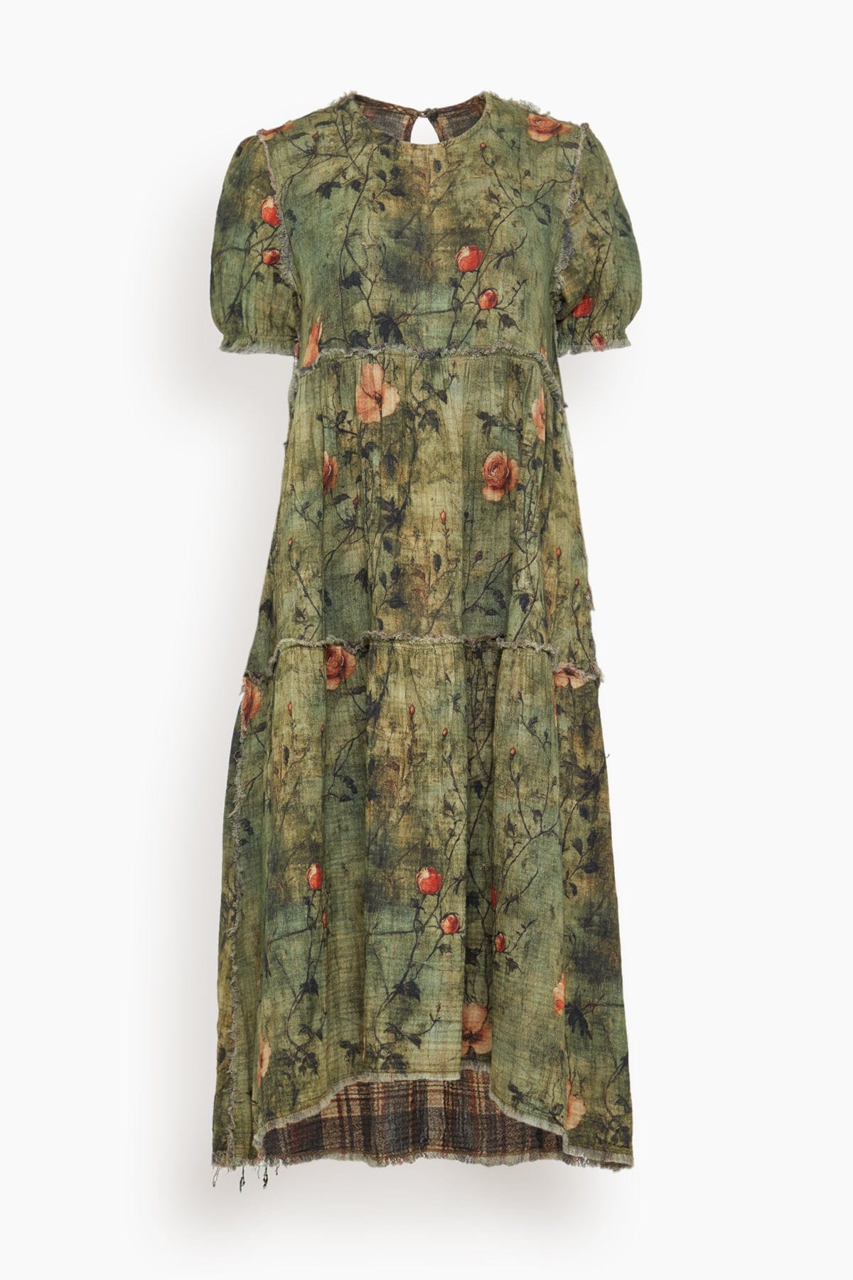 R13 Reversible Shredded Relaxed Midi Dress in Plaid with Turquoise Floral