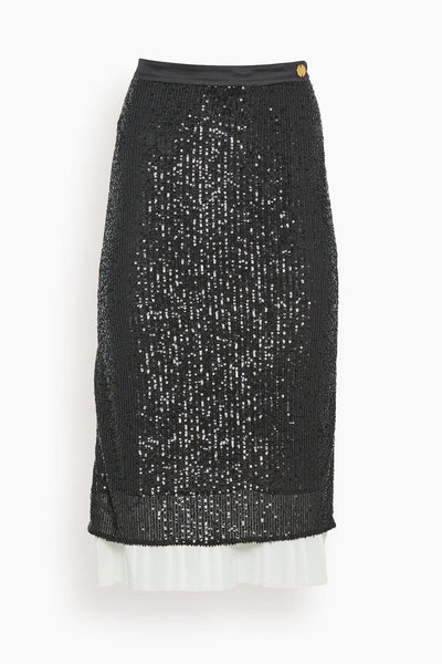 Notte Sequined Straight Pleated Skirt in Black