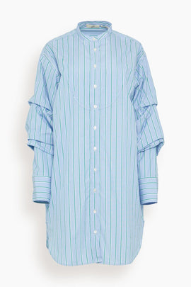 Pleated Sleeve Tuxedo Shirt Dress in Arctic Blue Stripe