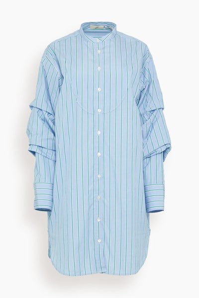 Pleated Sleeve Tuxedo Shirt Dress in Arctic Blue Stripe
