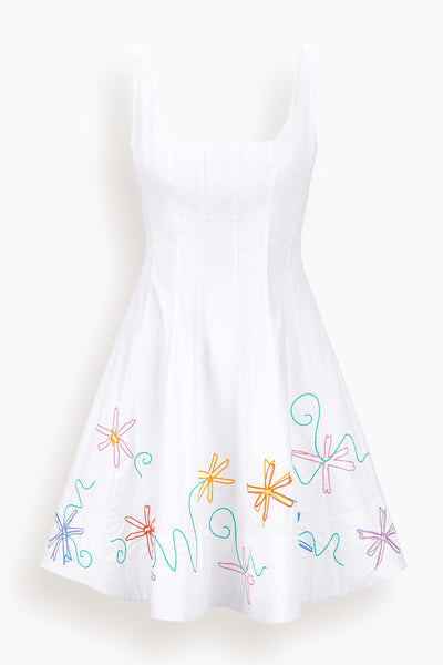 Wells Mini Dress in White Multi Embroidery