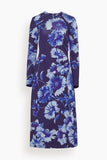 Erdem Dresses Long Sleeve Draped Midi Dress in Troubridge Floral Indigo Long Sleeve Draped Midi Dress in Troubridge Floral Indigo