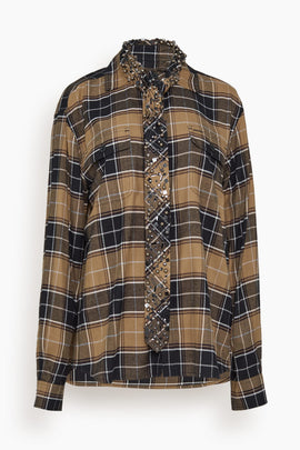 Bijou Embroidery Plaid Flannel Shirt in Black x Beige