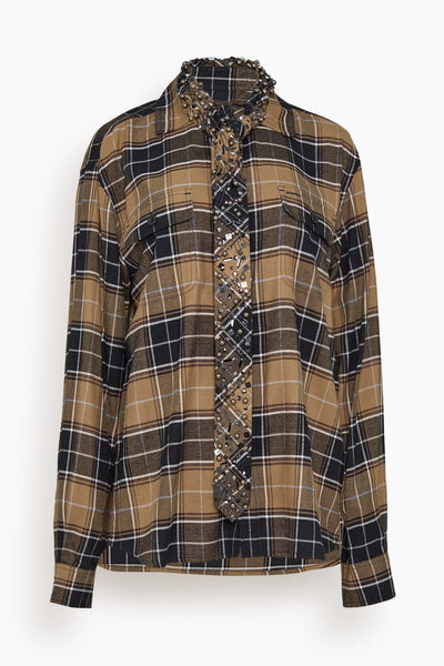Bijou Embroidery Plaid Flannel Shirt in Black x Beige