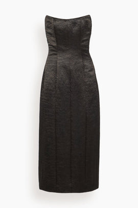 Lana Strapless Midi Dress in Black Hammered Satin