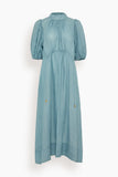 Sea Anise Solid Puff Sleeve Midi Dress in Blue