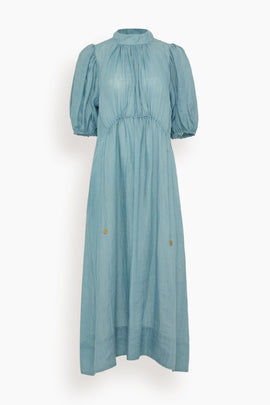 Anise Solid Puff Sleeve Midi Dress in Blue