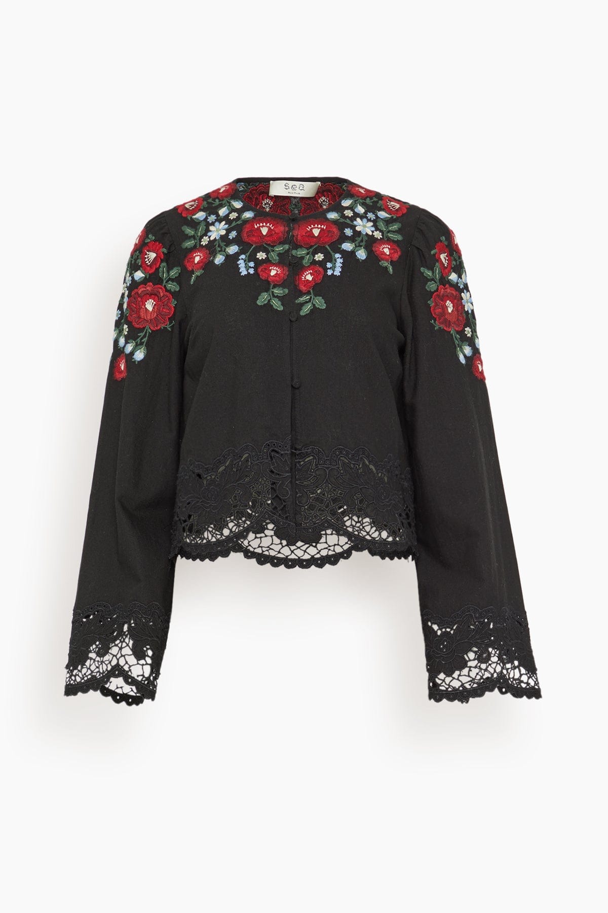 Sea Rosaline Embroidery Long Sleeve Button Up Top in Black
