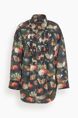 Drop Neck Ruffle Shirt in Black and Red Multi Floral Butterfly