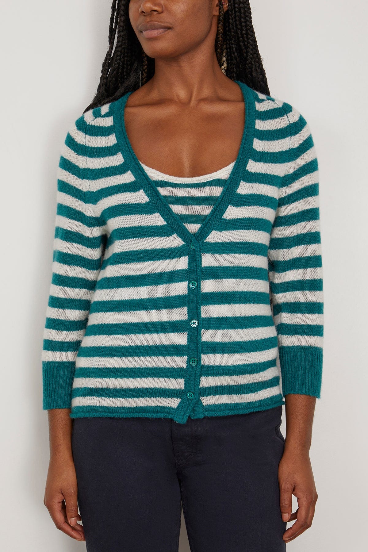 Dorothee Schumacher Sweaters Fresh Stripes Twinset in Green and White Mix Dorothee Schumacher Fresh Stripes Twinset in Green and White Mix