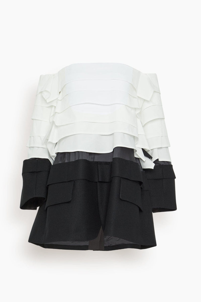 Sacai Wool Melton Mix Cotton Poplin Dress in Off White x Black