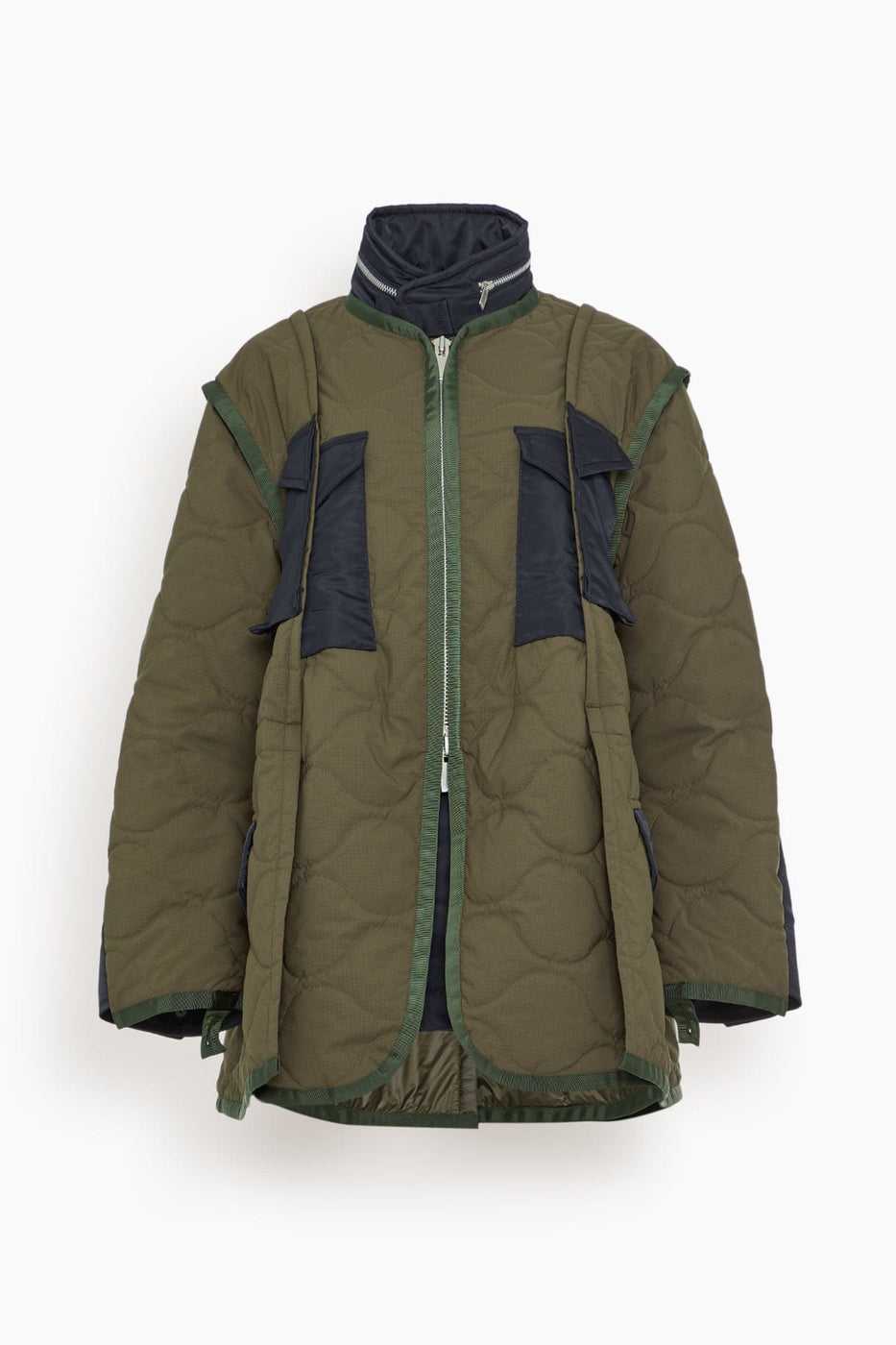 Sacai Coats Rip Stop Quilted Coat in Khaki/Dark Navy Sacai Rip Stop Quilted Coat in Khaki/Dark Navy