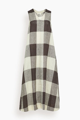 V-Neck Check Linen Easy Dress in Ecru/Charcoal