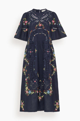 Edwina Embroidered Short Sleeve Dress in Navy