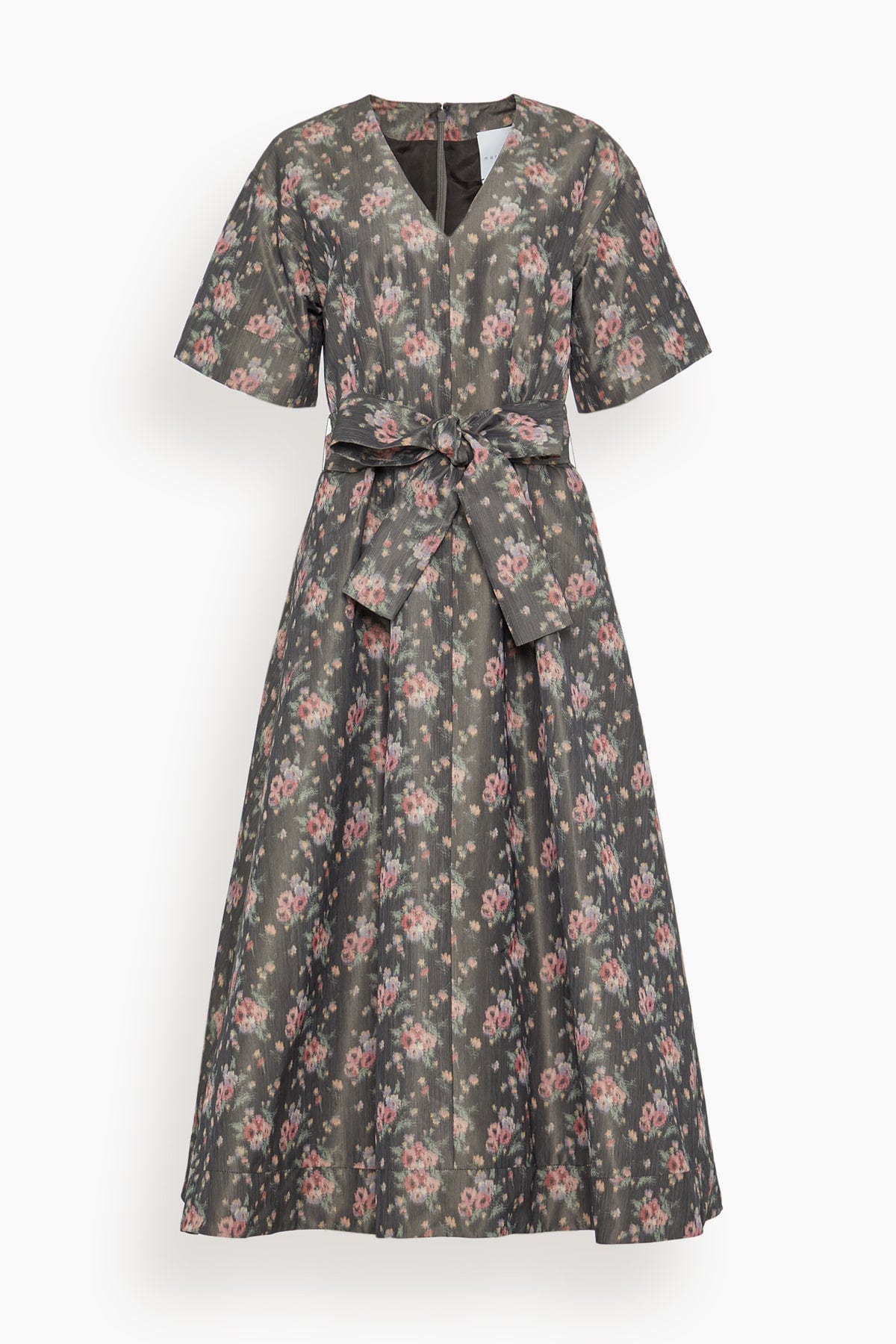Markarian Lunetta Taffeta Wide Sleeve Pleated Midi Dress in Shadow Floral Ikat