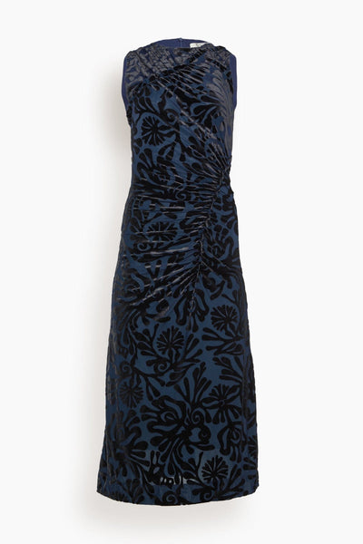 Alia Stretch Velvet Burnout Sleeveless Dress in Navy