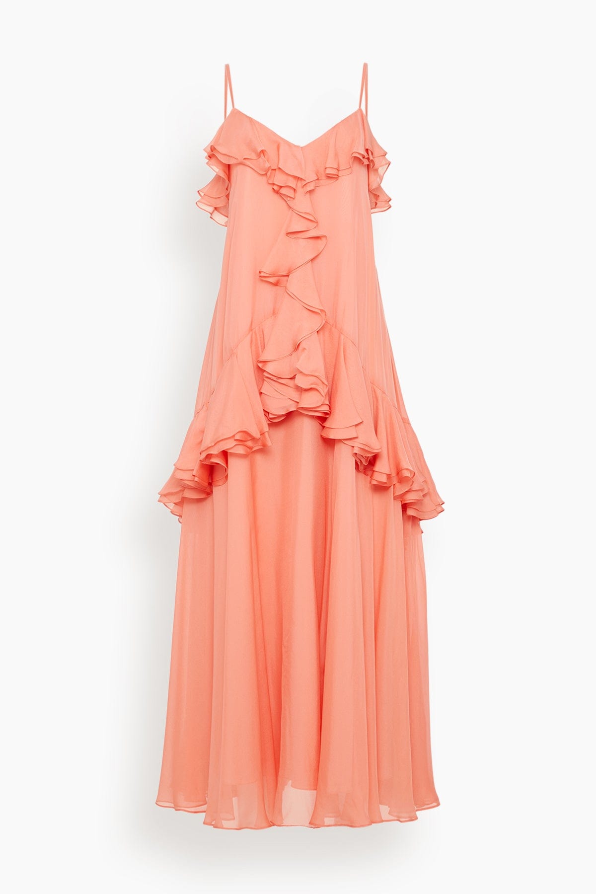 DELPHINE | Lucy Dress | Coral Pink Cascading Ruffle Gown DELPHINE | Lucy Dress | Coral Pink Cascading Ruffle Gown
