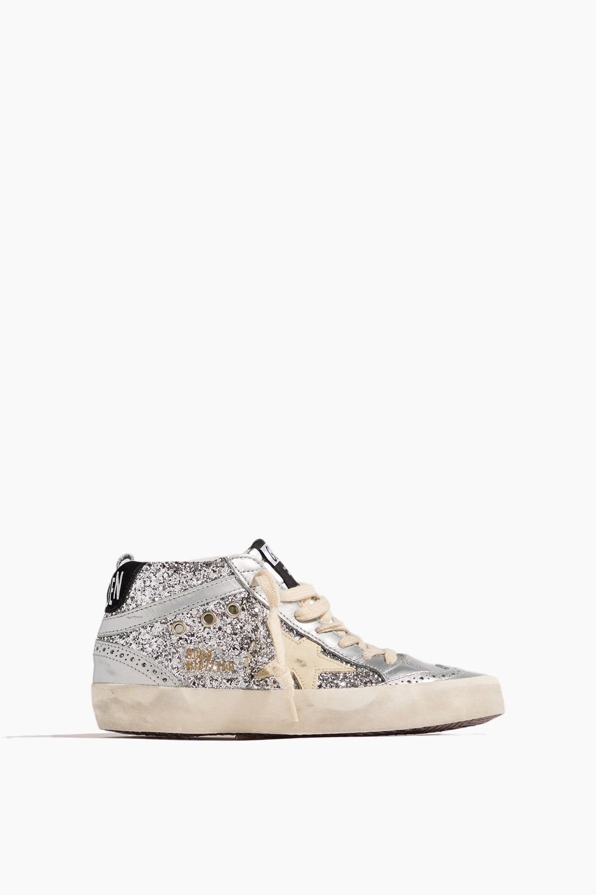 Golden Goose High Top Sneakers Mid Star Sneaker in Silver/Ivory/Black Golden Goose Mid Star Sneaker in Silver/Ivory/Black