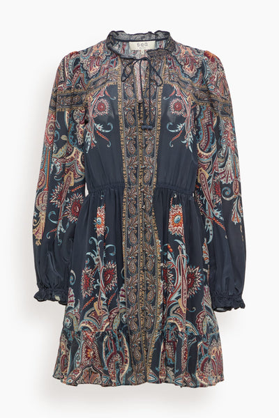 Hyacinth Print Long Sleeve Mini Dress in Navy