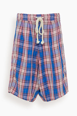 Pleated Jumbo Short with Elastic Waist in Blue/Pink Plaid