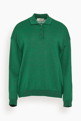 Polo Neck Merino Wool Cut-Out Knit Sweater in Dark Green Melange