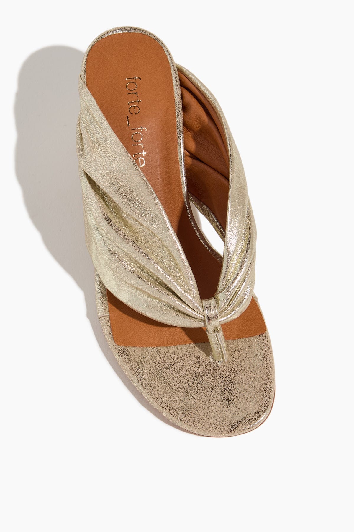Forte Forte Heeled Laminated Leather Thong Sandals in Silver