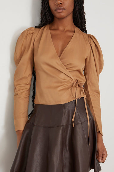 Ganni Tops Viscose Twill Wrap Blouse in Tiger's Eye Ganni Viscose Twill Wrap Blouse in Tiger's Eye