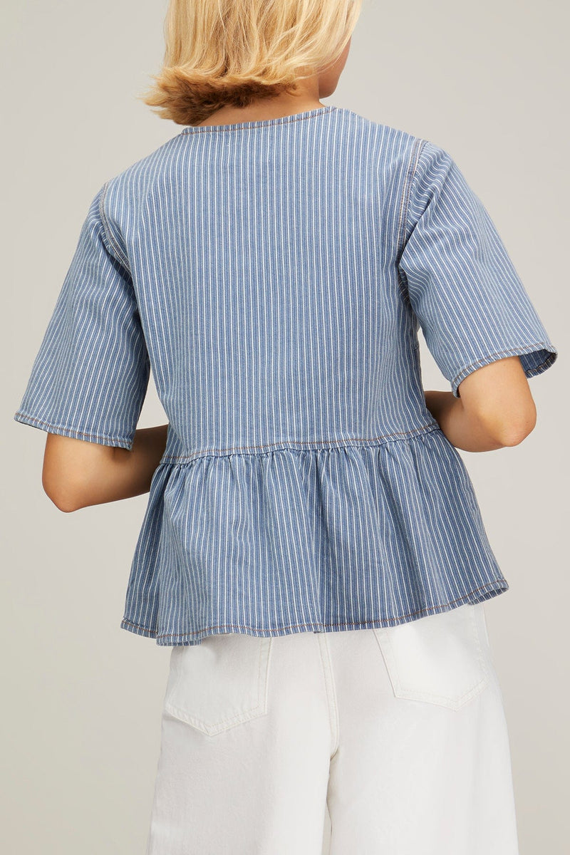 Ganni Light Stripe Denim Peplum Blouse in Mid Blue Stone – Hampden