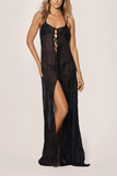 Kiki De Montparnasse Smocked Silk Maxi Tie Gown in Black