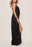 Kiki De Montparnasse Smocked Silk Maxi Tie Gown in Black
