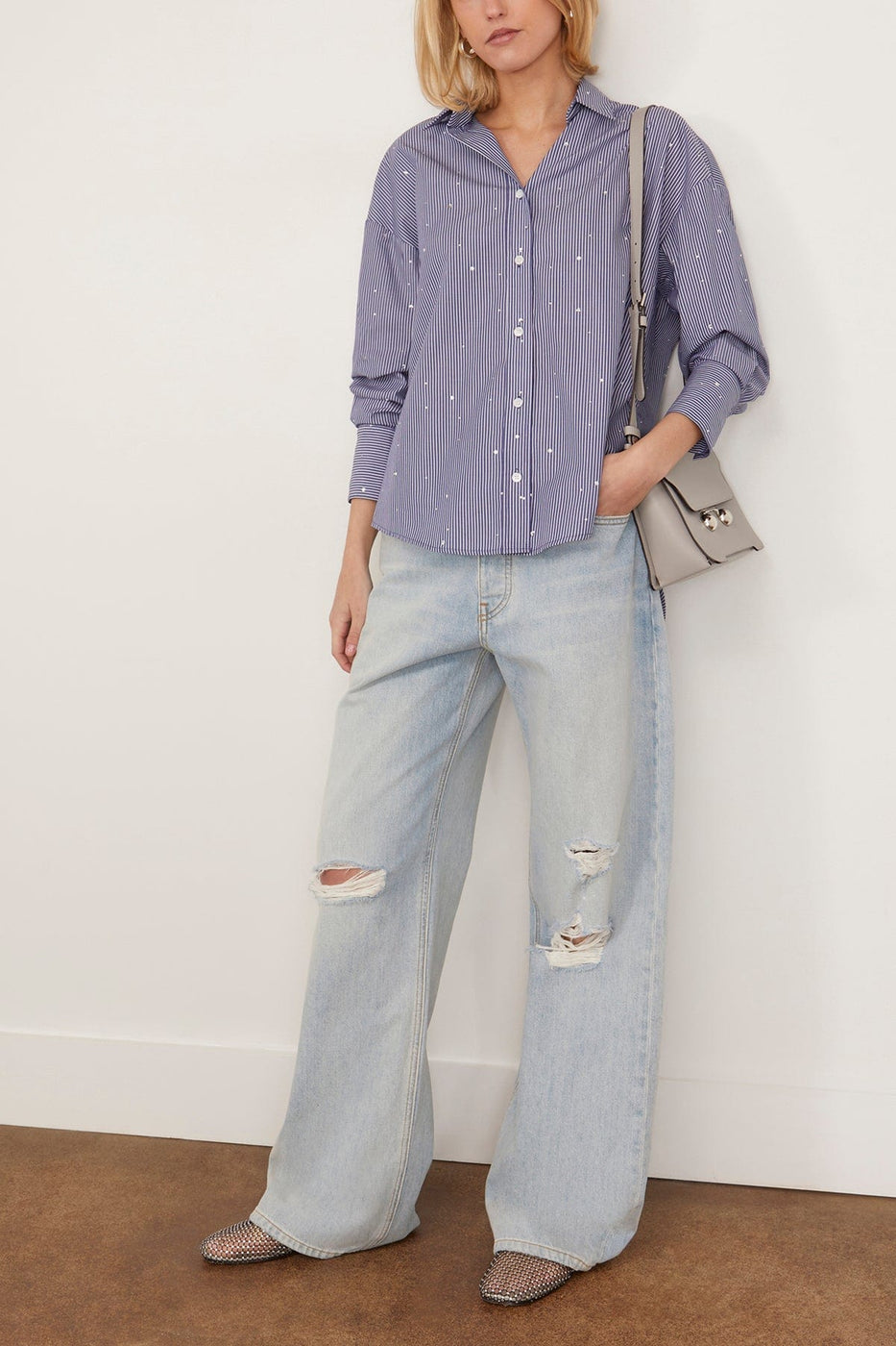 LAFATA Tops Frankie Crystal Stripe Shirt in Navy/White LAFATA Frankie Crystal Stripe Shirt in Navy/White