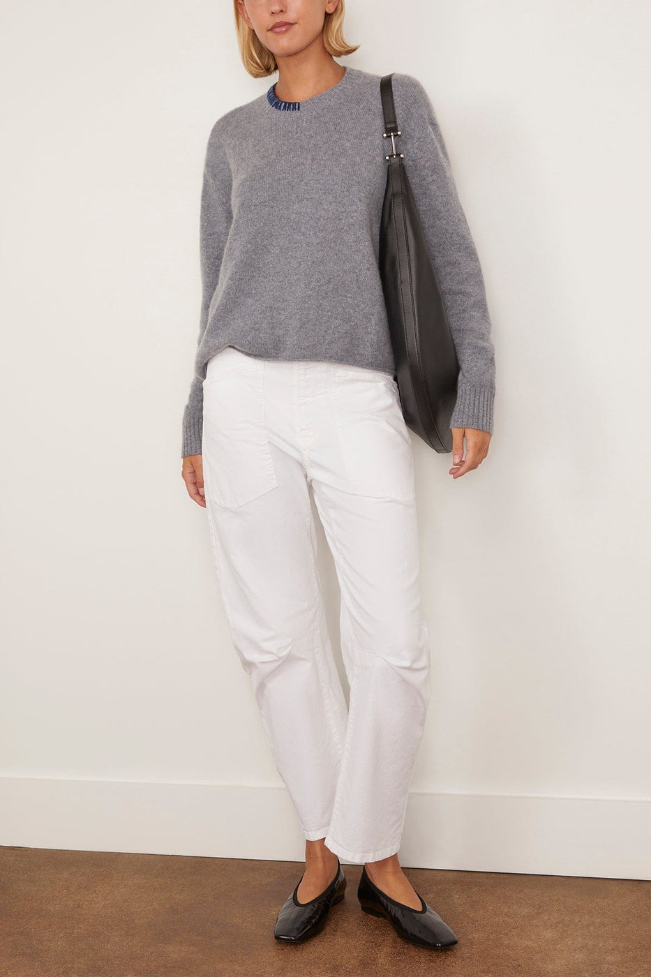 LAFATA Whipstitch Crew in Heather Grey/Navy Whipstitch