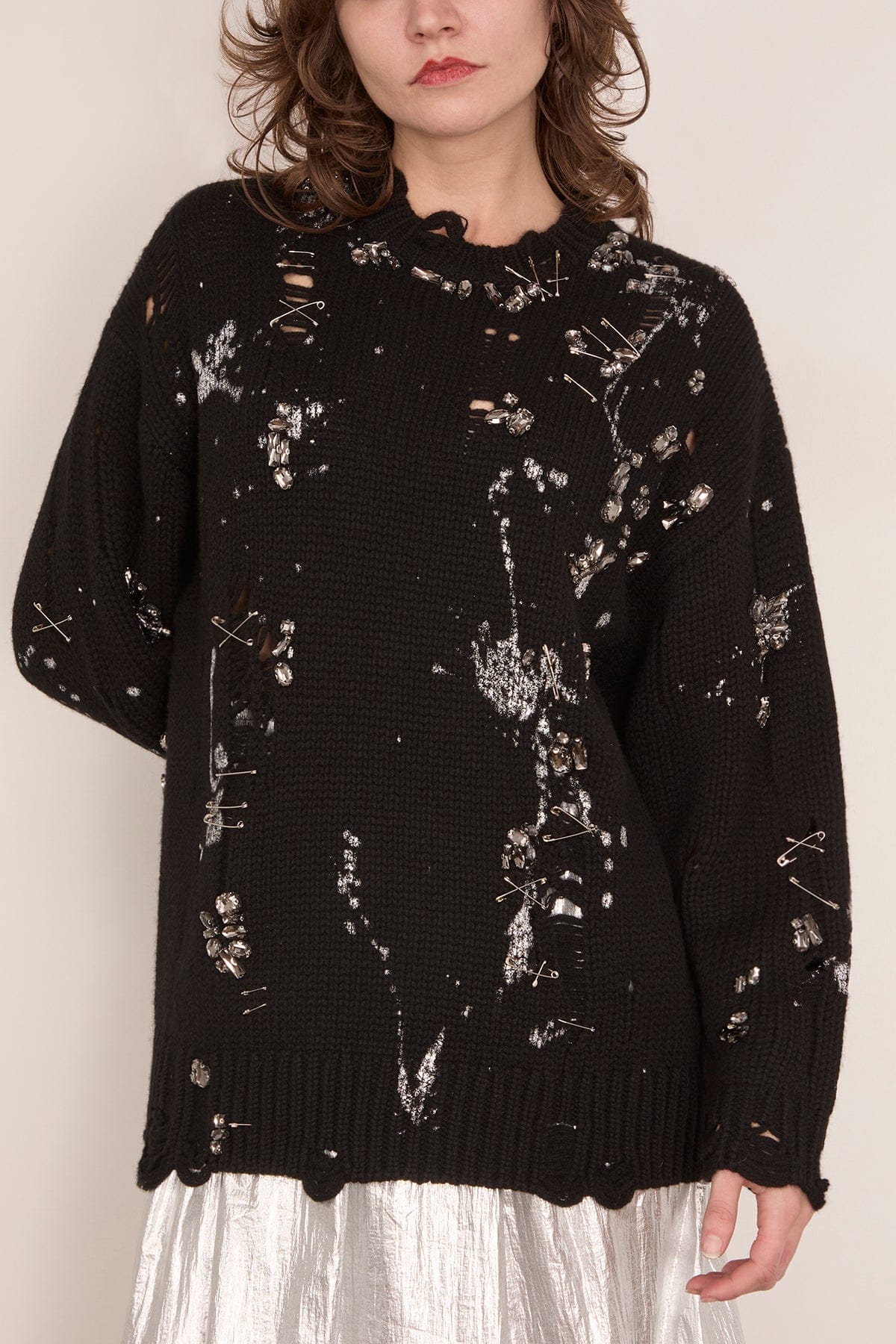 R13 Distressed Oversized Sweater in Black with Crystals and Pins