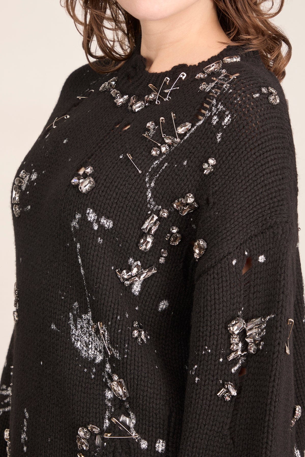 R13 Distressed Oversized Sweater in Black with Crystals and Pins