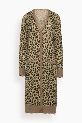 Printed Long Cardigan in Light Brown Leopard