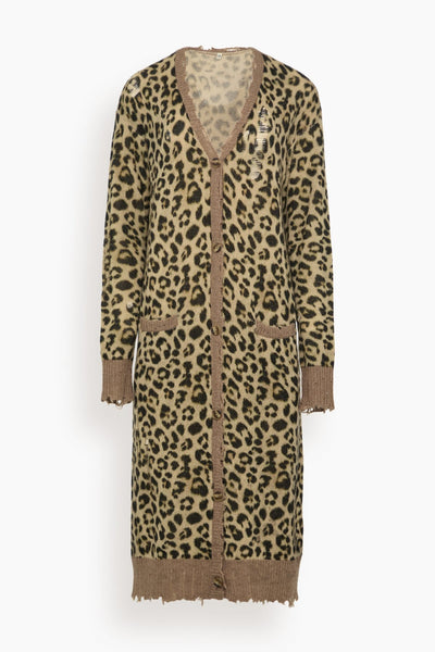 Printed Long Cardigan in Light Brown Leopard