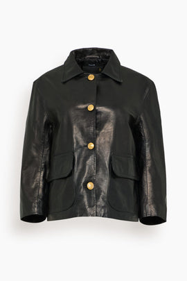 Relaxed Button Front Leather Jacket in Black