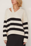 Rohe Sweaters Deconstructed Cashmere Knitted Breton V-Neck in Off White/Black White Stripe Rohe Deconstructed Cashmere Knitted Breton V-Neck in Off White/Black White Stripe