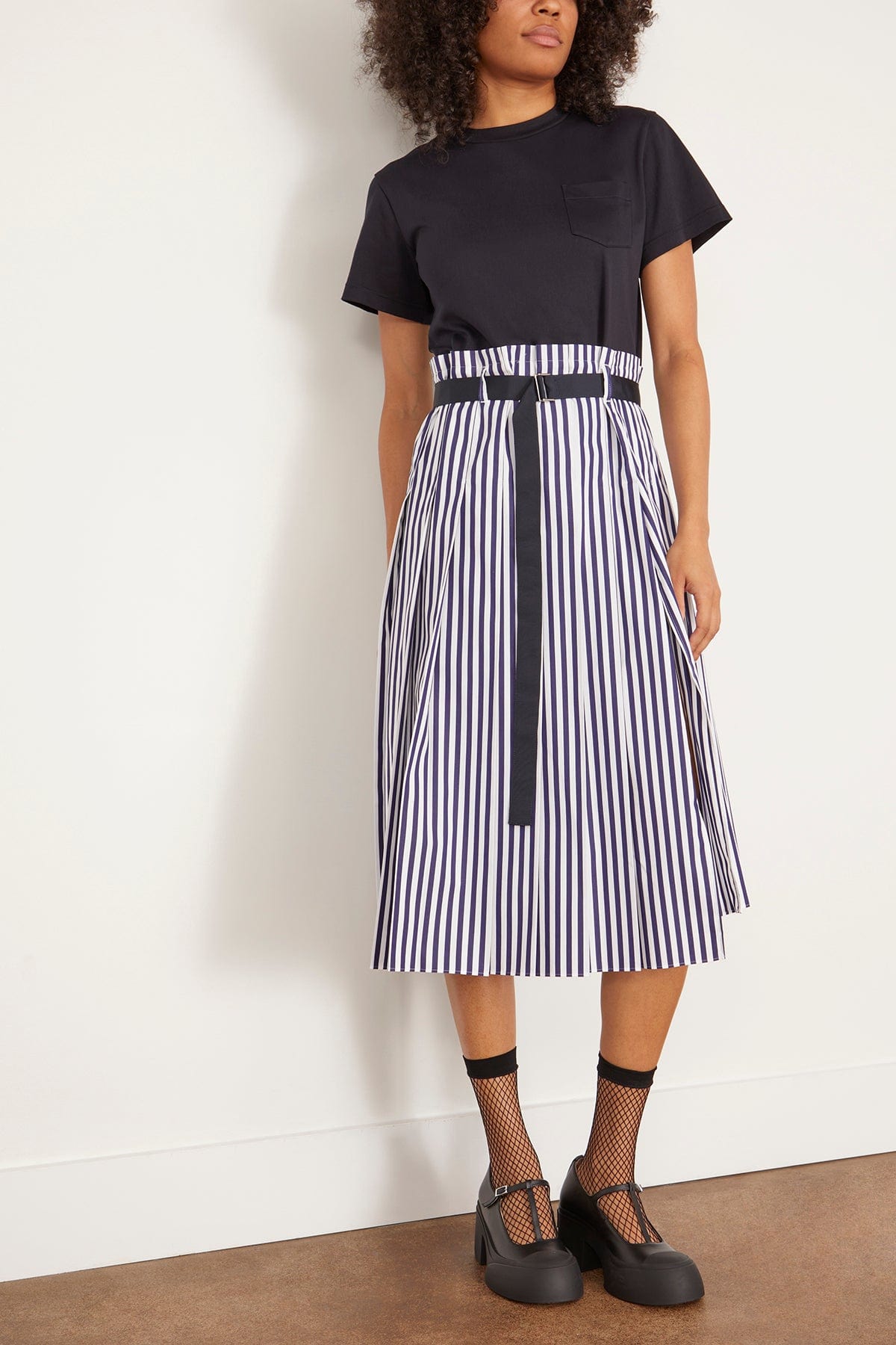 Sacai Casual Dresses Cotton Poplin x Cotton Jersey Dress in Navy Stripe Sacai Cotton Poplin x Cotton Jersey Dress in Navy Stripe