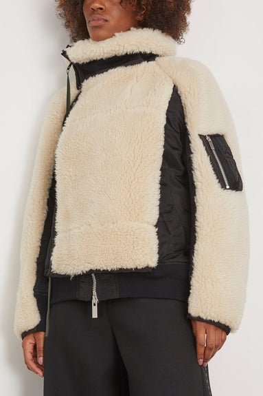 Faux Shearling x Nylon Twill Blouson in Black/Ecru