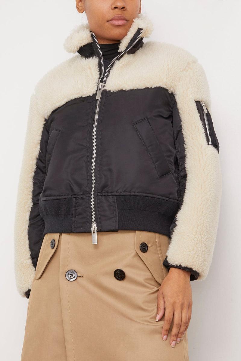 Sacai Faux Shearling x Nylon Twill Mix Blouson in Black x Ecru