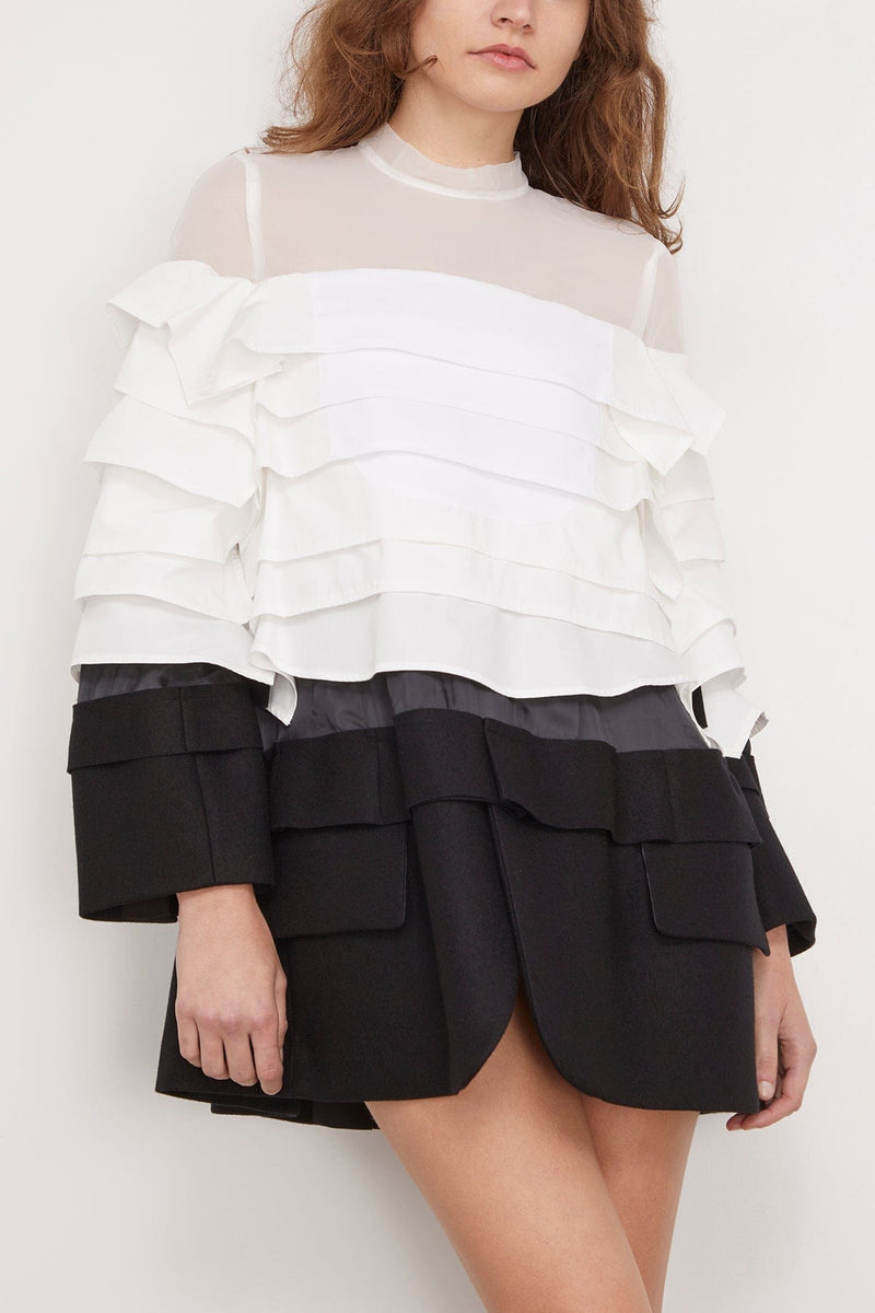 Sacai Wool Melton Mix Cotton Poplin Dress in Off White x Black