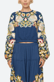 Wilhelmina Embroidered Long Sleeve Top in Blue