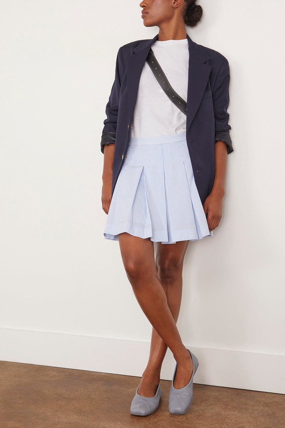 Simkhai Skirts Cal Pleated Mini Skirt in Classic Blue Stripe Simkhai Cal Pleated Mini Skirt in Classic Blue Stripe